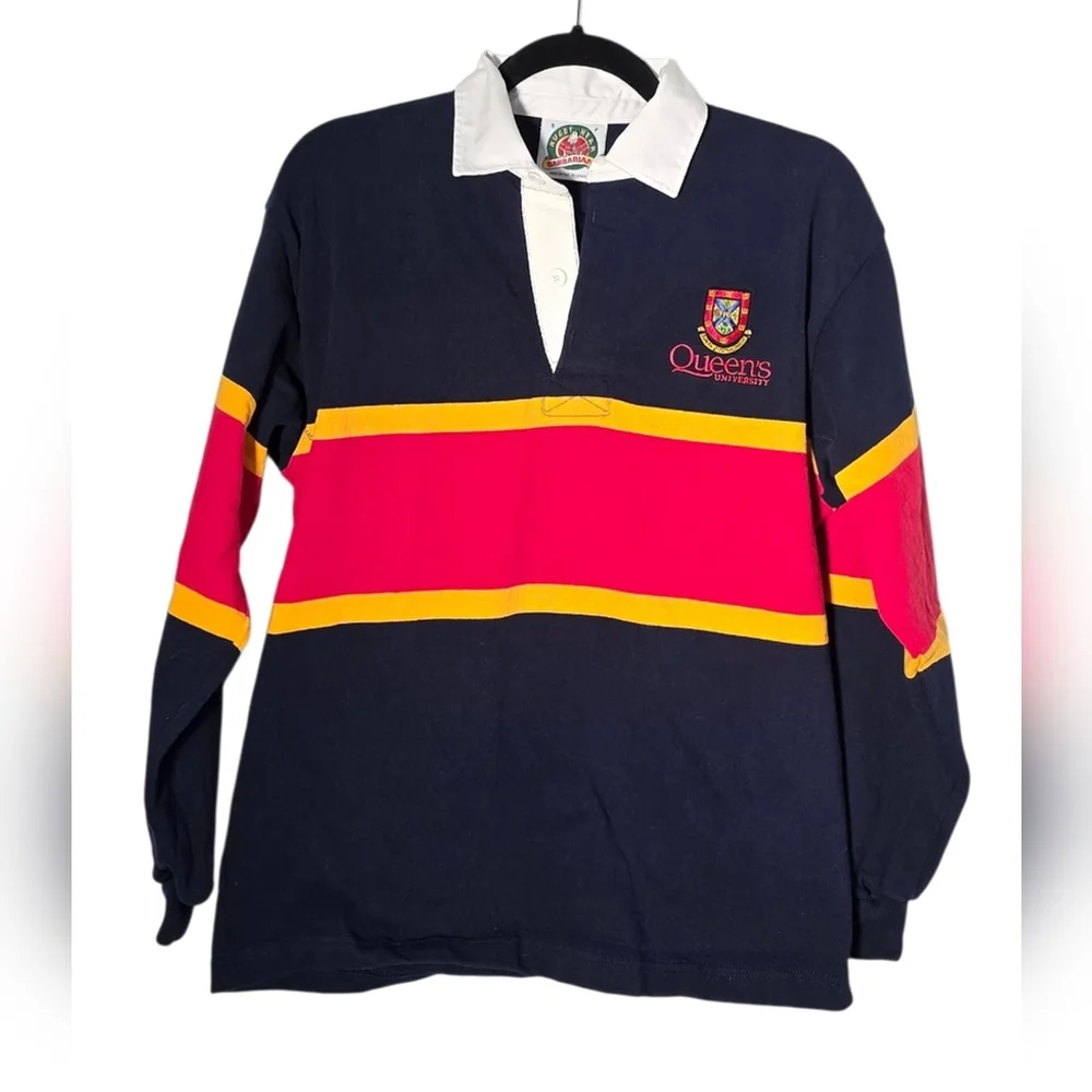 Barbarian Rugby Wear Queen’s University Rugby Shirt Small Navy Red Yellow Stripe - Picture 3 of 11